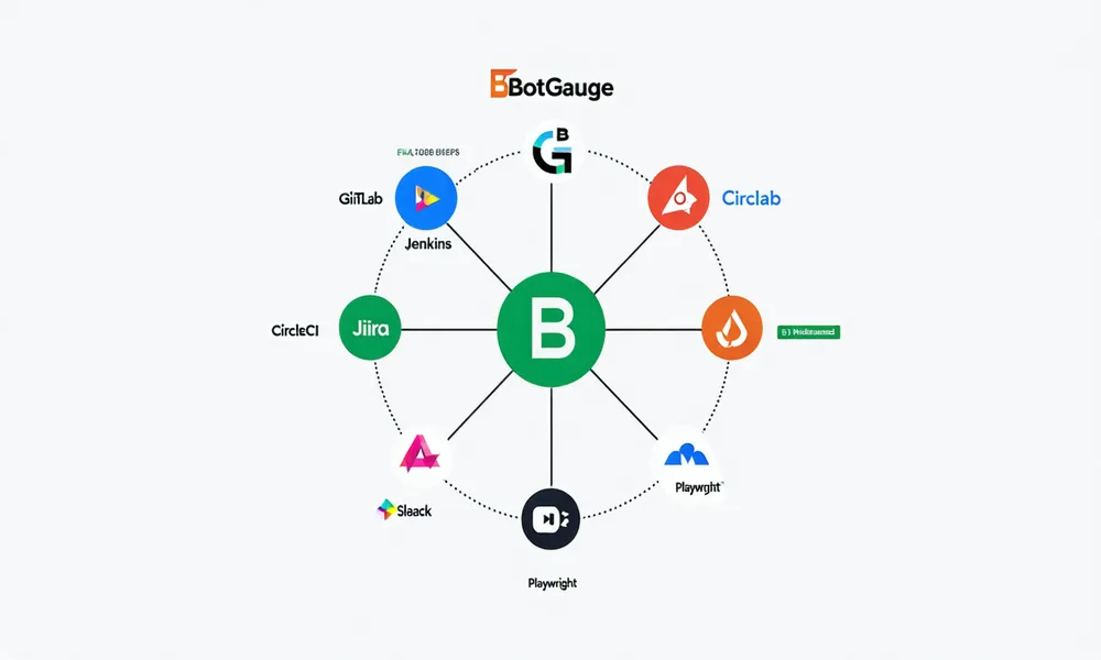 Hub-and-spoke integration diagram showing BotGauge connected to GitHub, Jira, Slack, CircleCI and other tools